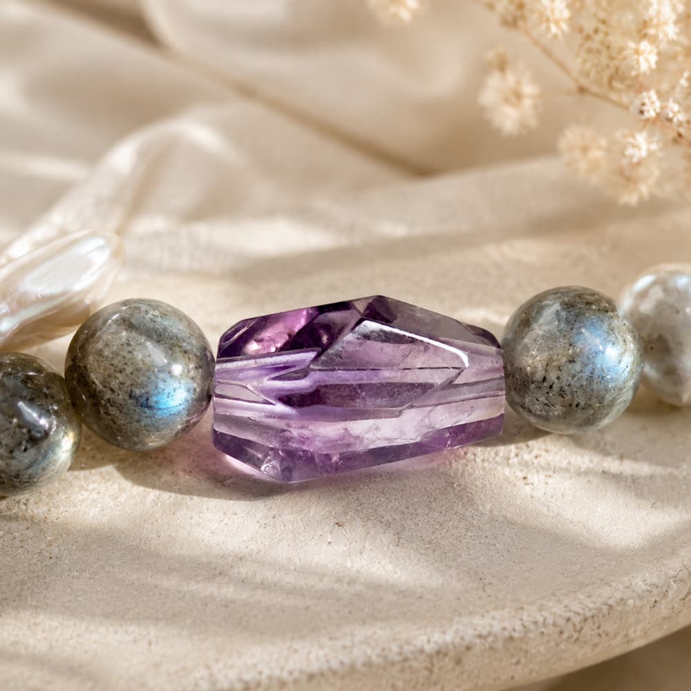 Natural Amethyst & Gray Moonstone Bracelet with Baroque Pearl