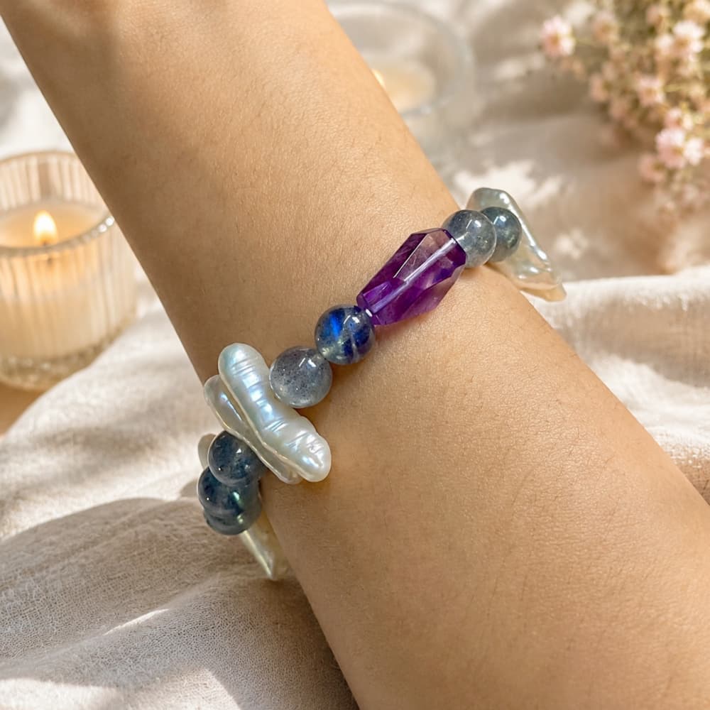 Natural Amethyst & Gray Moonstone Bracelet with Baroque Pearl