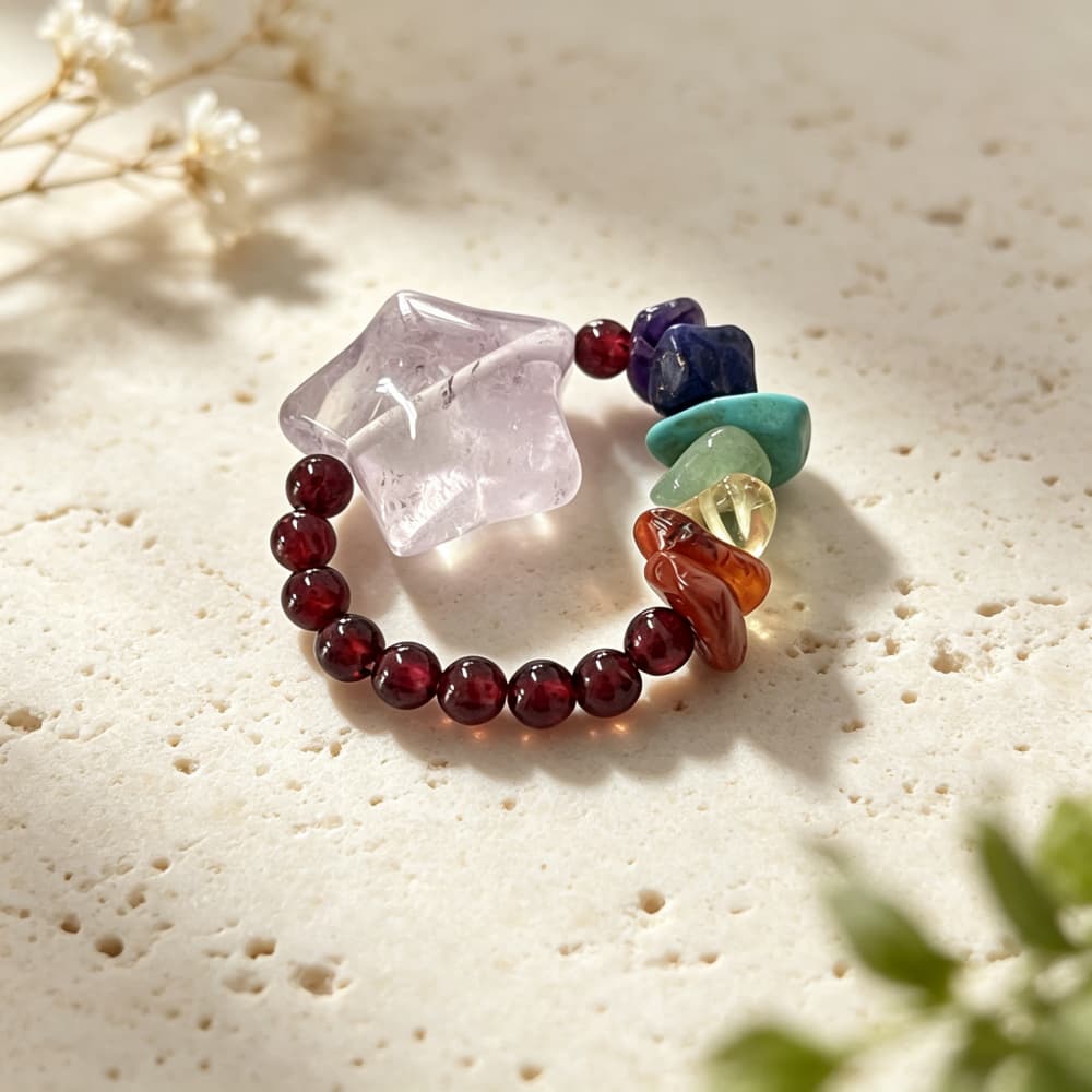 Natural Garnet Crystal Ring with Amethyst Star Charm and Gemstone Beads