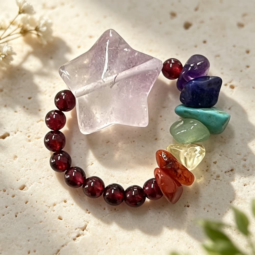 Natural Garnet Crystal Ring with Amethyst Star Charm and Gemstone Beads