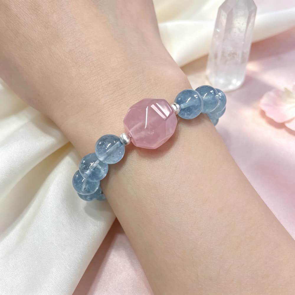 Soft Horizon｜Natural Aquamarine & Rose Quartz Bracelet