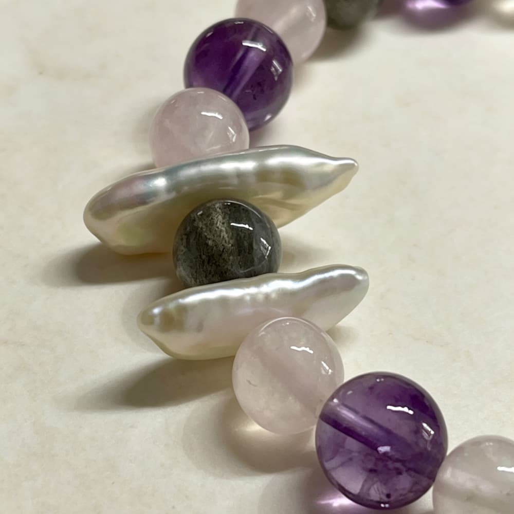 Natural elongated baroque pearl detail on Moonlit Serenity gemstone bracelet