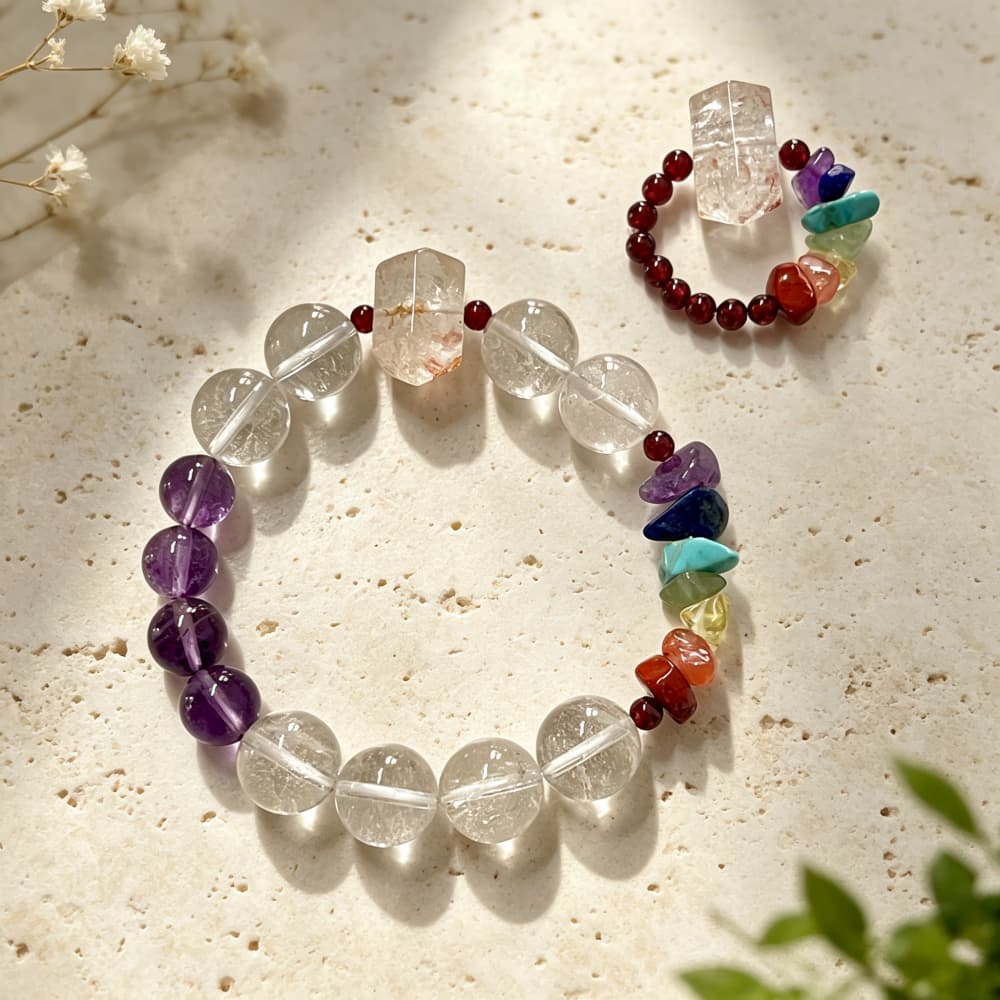 Quiet Radiance｜Natural Clear Quartz & Amethyst 7 Chakra Jewelry Set