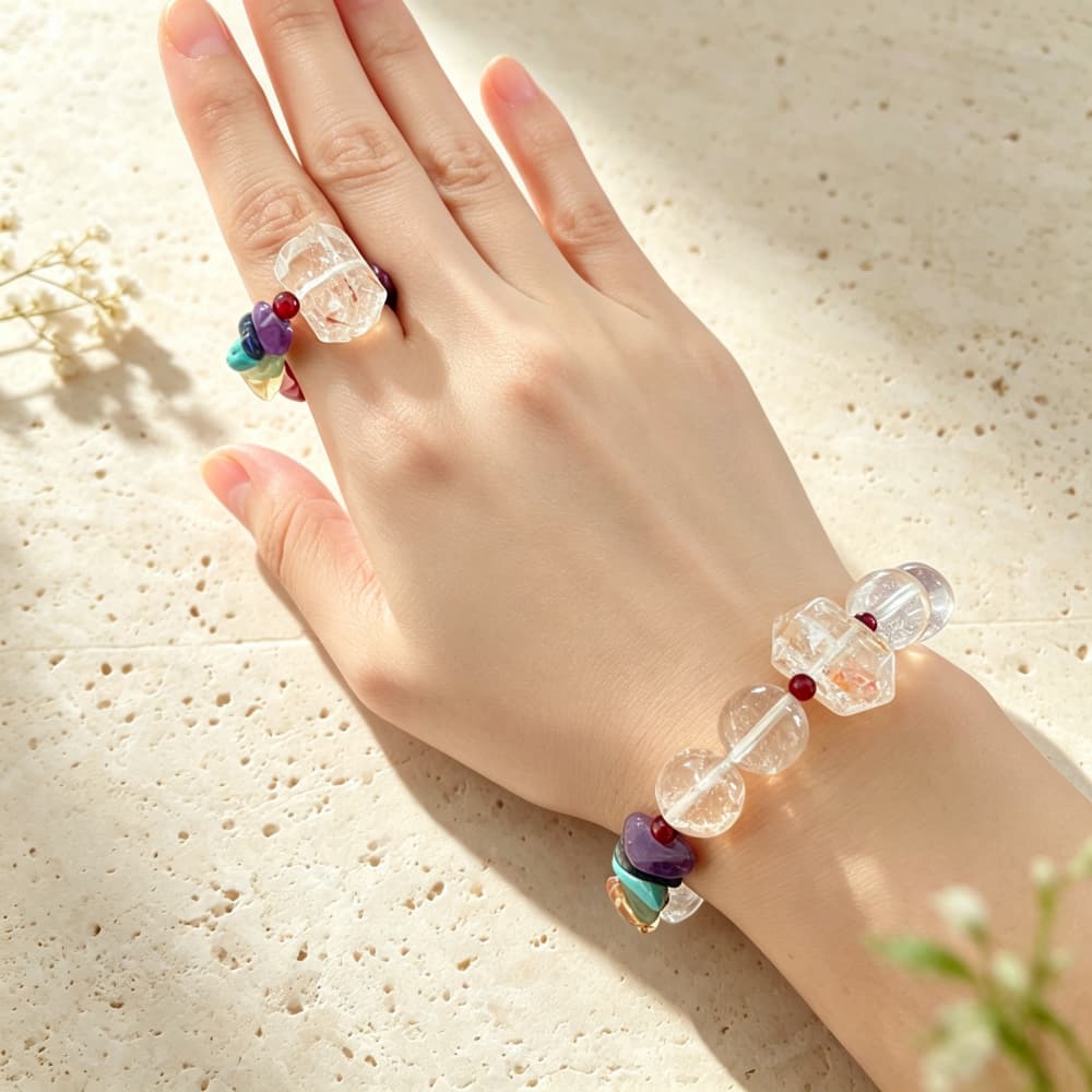Quiet Radiance｜Natural Clear Quartz & Amethyst 7 Chakra Jewelry Set
