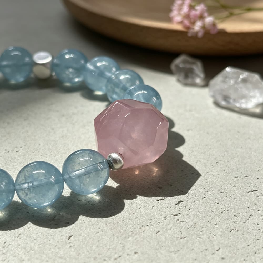 Soft Horizon｜Natural Aquamarine & Rose Quartz Bracelet