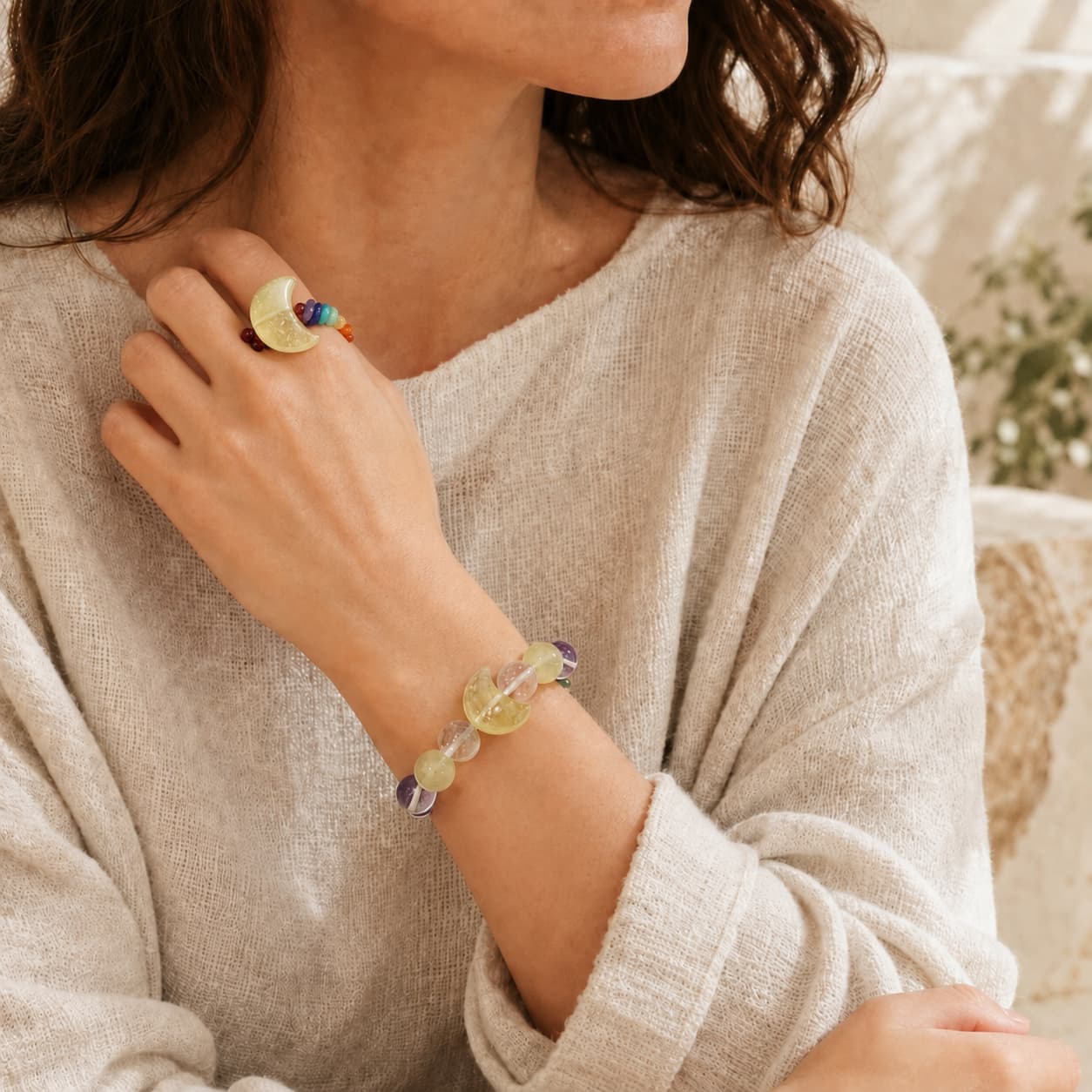 Golden Moonlight｜Natural Citrine Moon Bracelet and Garnet Ring Set