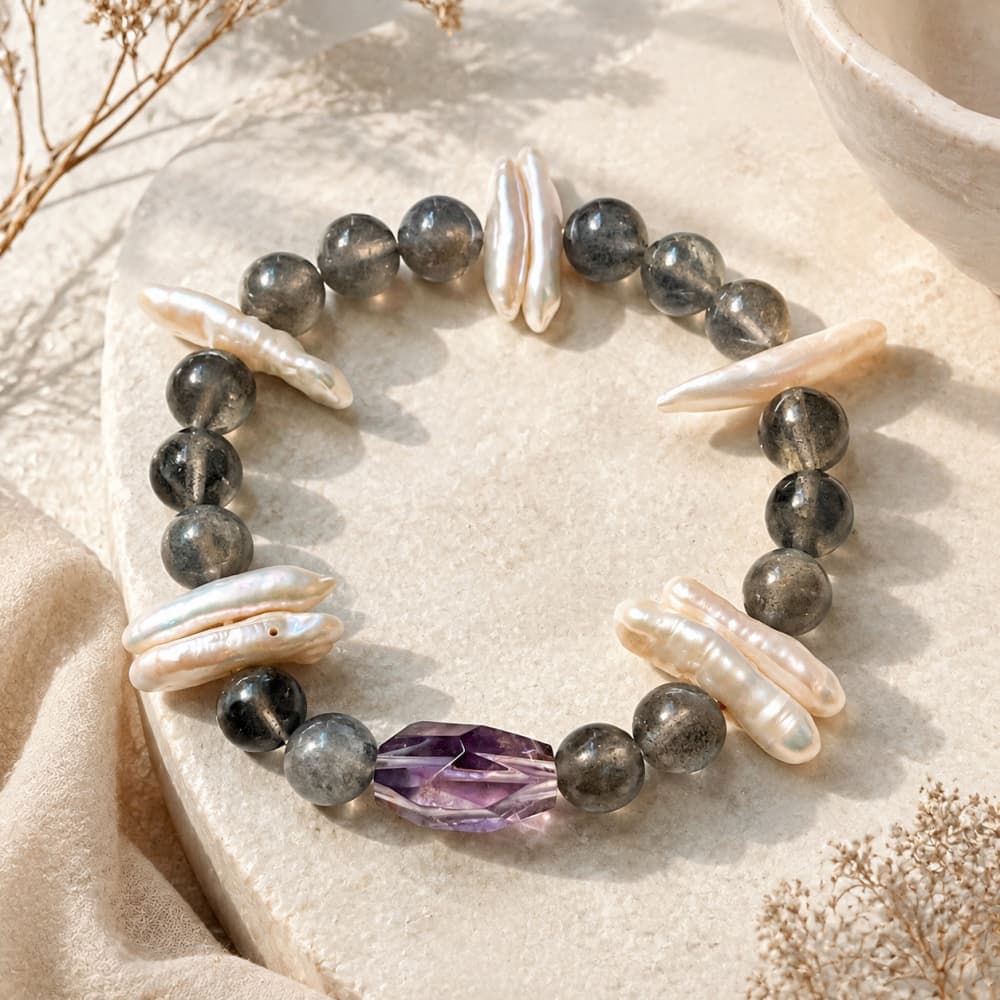 Natural Amethyst & Gray Moonstone Bracelet with Baroque Pearl