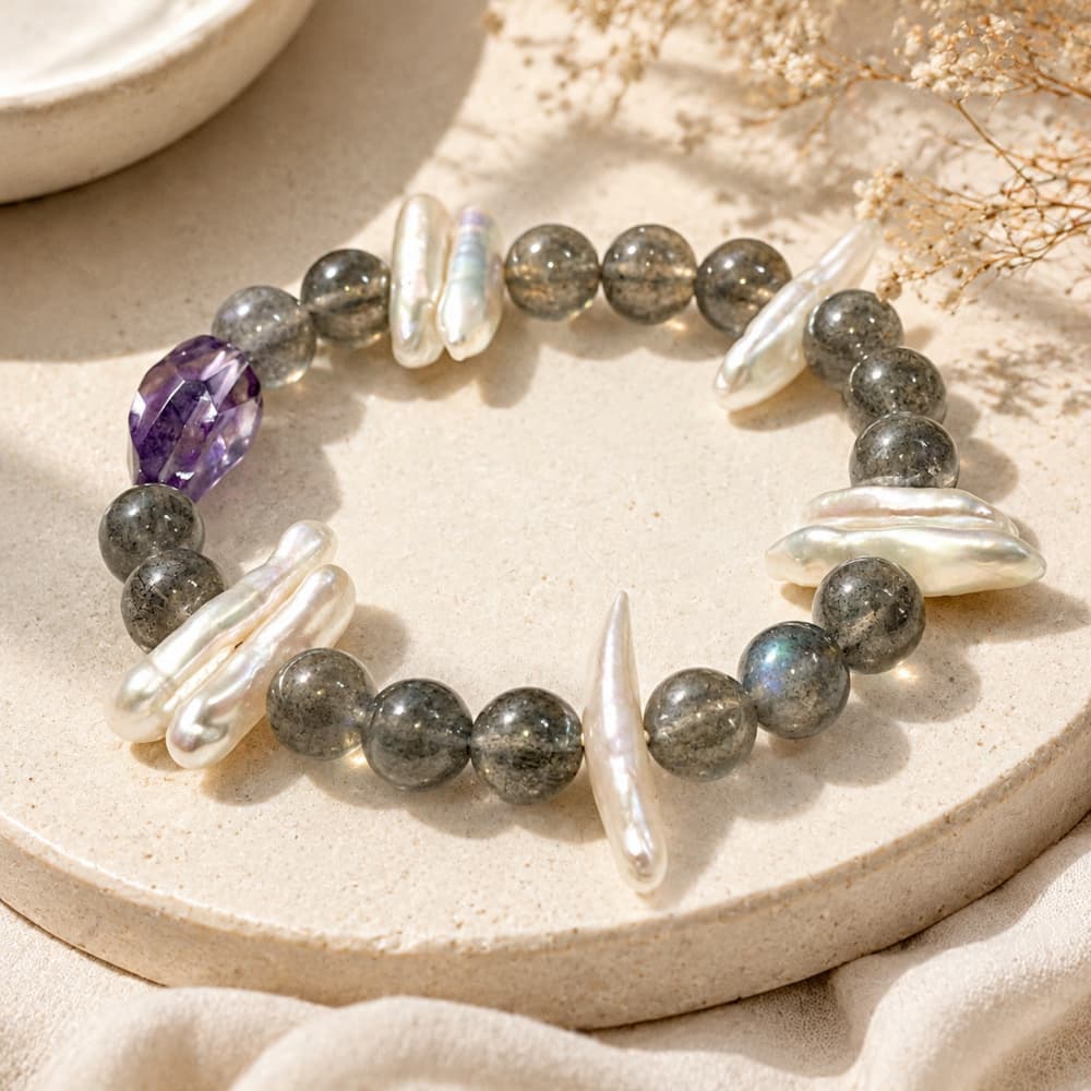 Natural Amethyst & Gray Moonstone Bracelet with Baroque Pearl