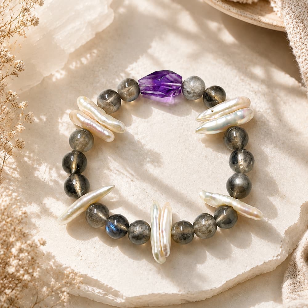 Natural Amethyst & Gray Moonstone Bracelet with Baroque Pearl