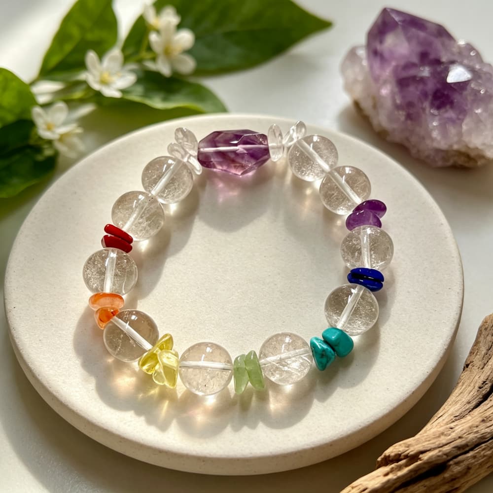 Inner Spectrum｜Natural Clear Quartz 7 Chakra Bracelet with Amethyst