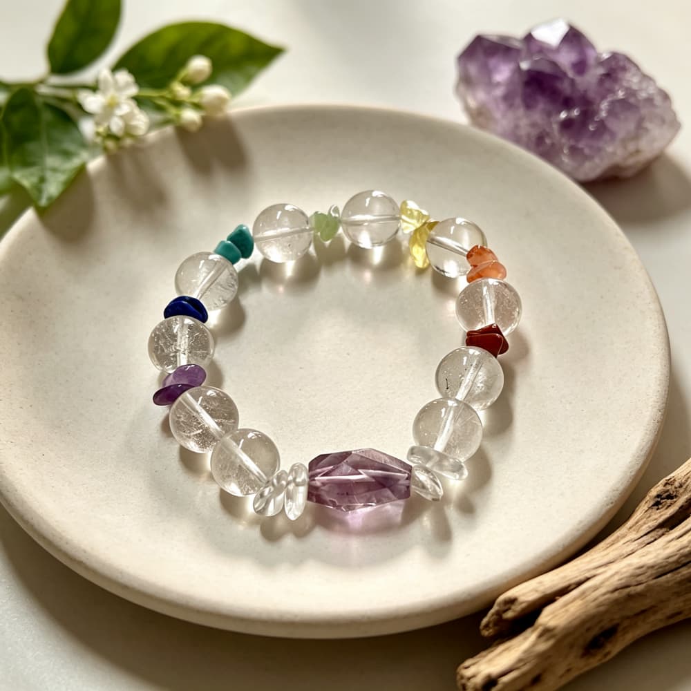Inner Spectrum｜Natural Clear Quartz 7 Chakra Bracelet with Amethyst