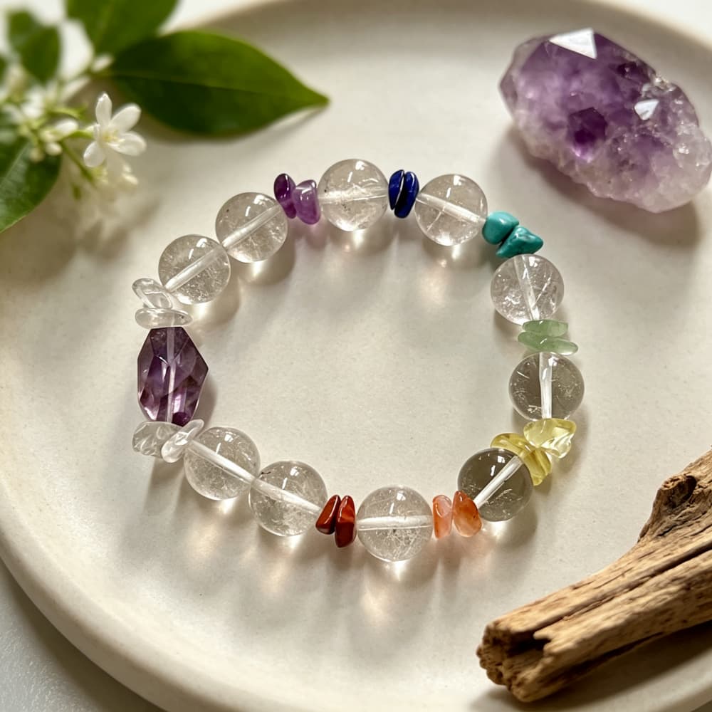 Inner Spectrum｜Natural Clear Quartz 7 Chakra Bracelet with Amethyst