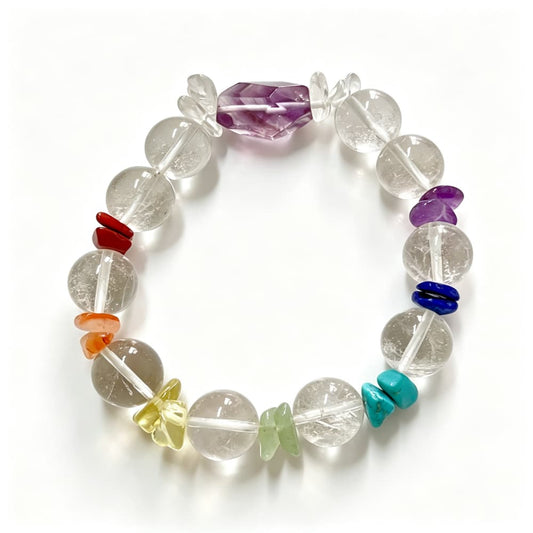 Inner Spectrum｜Natural Clear Quartz 7 Chakra Bracelet with Amethyst