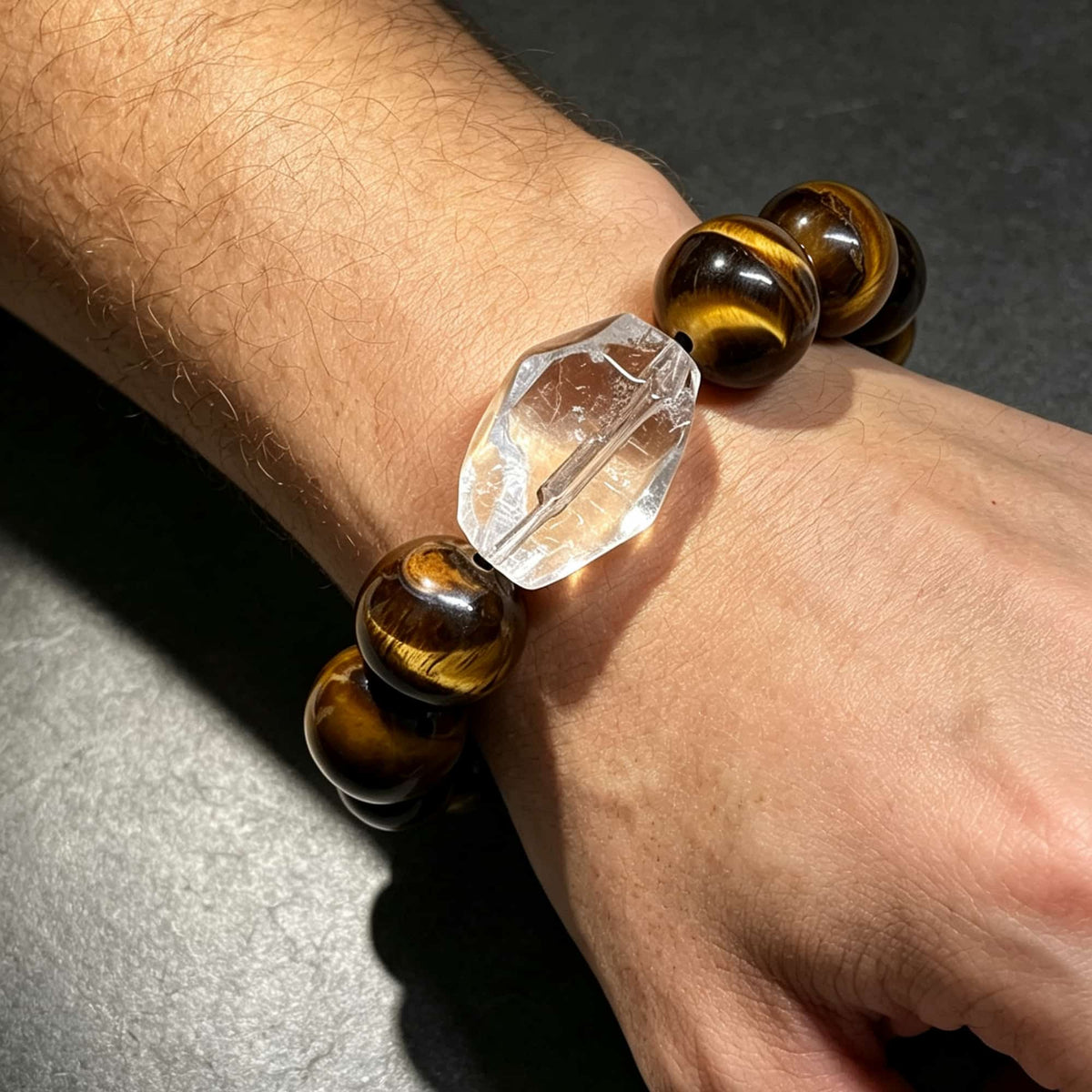 Unspoken Strength | Men's 14 mm Tiger Eye & Faceted White Quartz Bracelet
