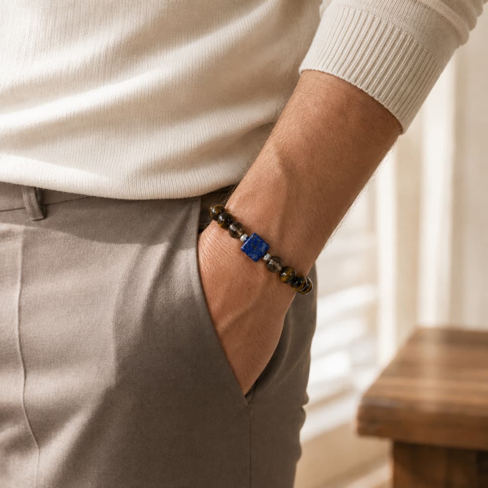 Quiet Resolve｜Natural Yellow Tiger’s Eye, Lapis Lazuli & Smoky Quartz Bracelet