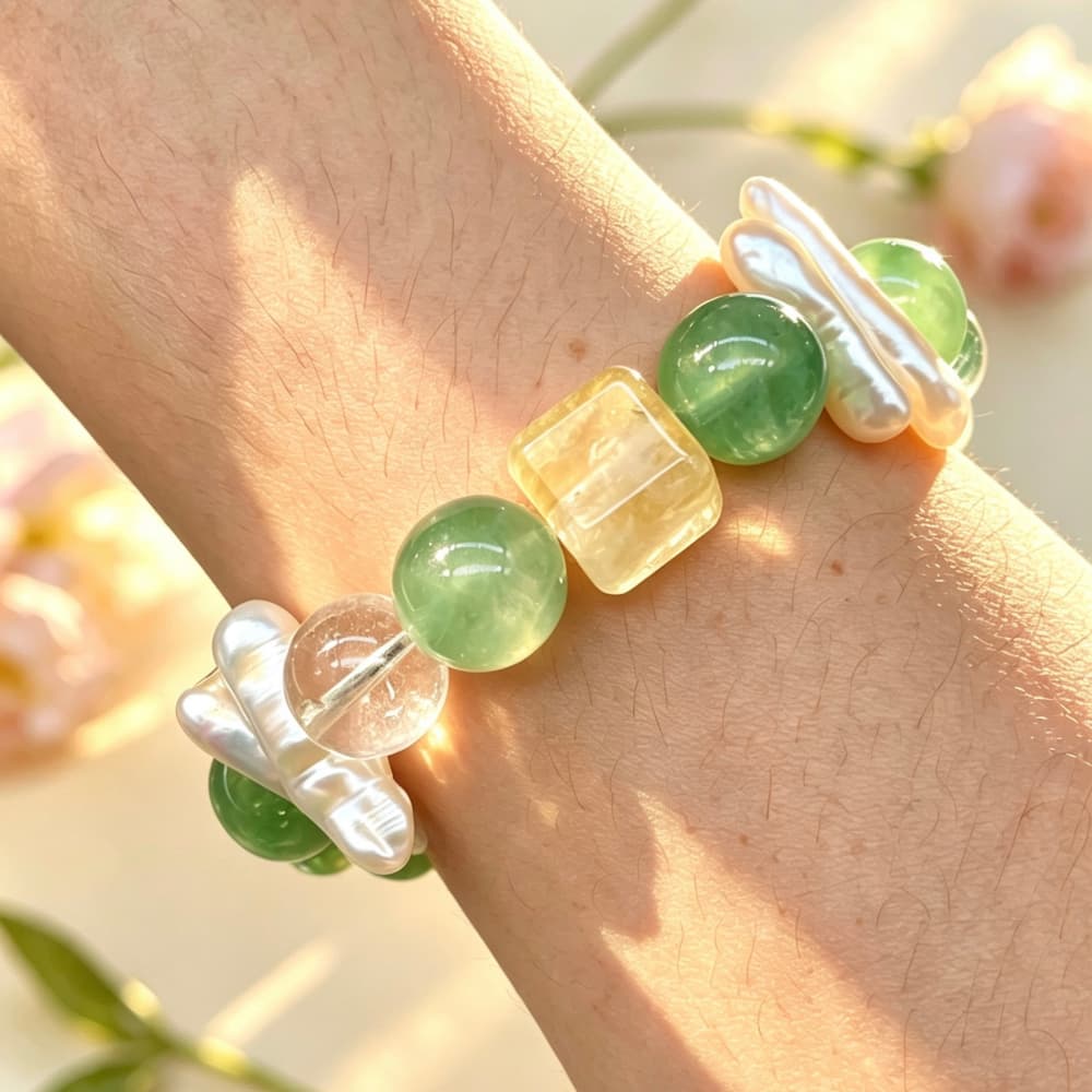 Moonlit Meadow｜Natural Green Fluorite Bracelet with Citrine Moon & Pearl