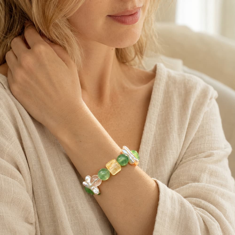 Moonlit Meadow｜Natural Green Fluorite Bracelet with Citrine Moon & Pearl