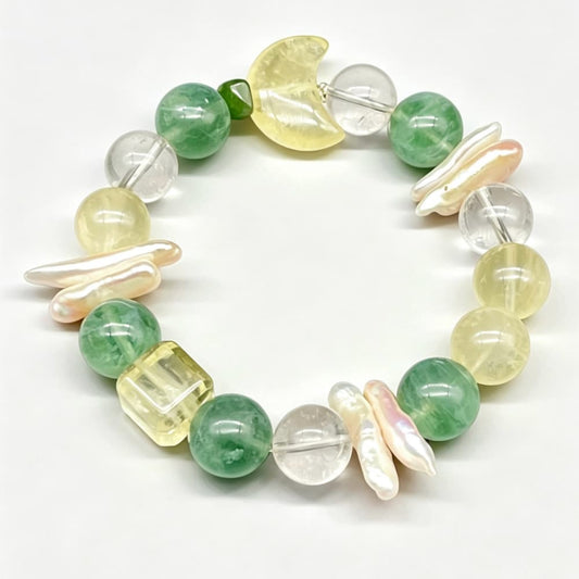Moonlit Meadow｜Natural Green Fluorite Bracelet with Citrine Moon & Pearl