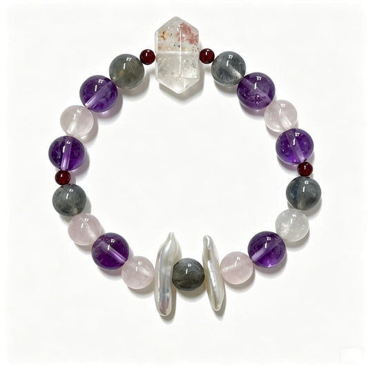 Moonlit Serenity natural amethyst, rose quartz and labradorite bracelet with baroque pearl