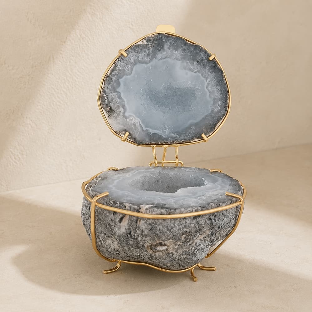 Natural Agate Geode Jewelry Box with Gold-Tone Frame