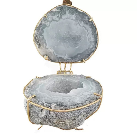 Natural Agate Geode Jewelry Box with Gold-Tone Frame