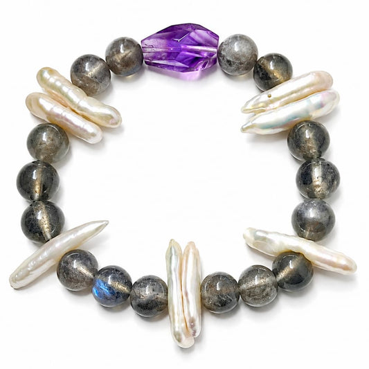 Natural Amethyst & Gray Moonstone Bracelet with Baroque Pearl