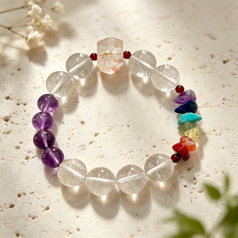 Quiet Radiance｜Natural Clear Quartz & Amethyst 7 Chakra Jewelry Set
