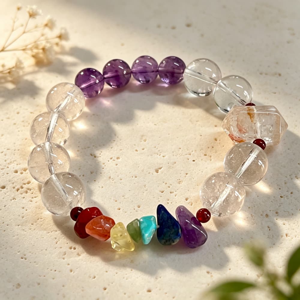 Quiet Radiance｜Natural Clear Quartz & Amethyst 7 Chakra Jewelry Set