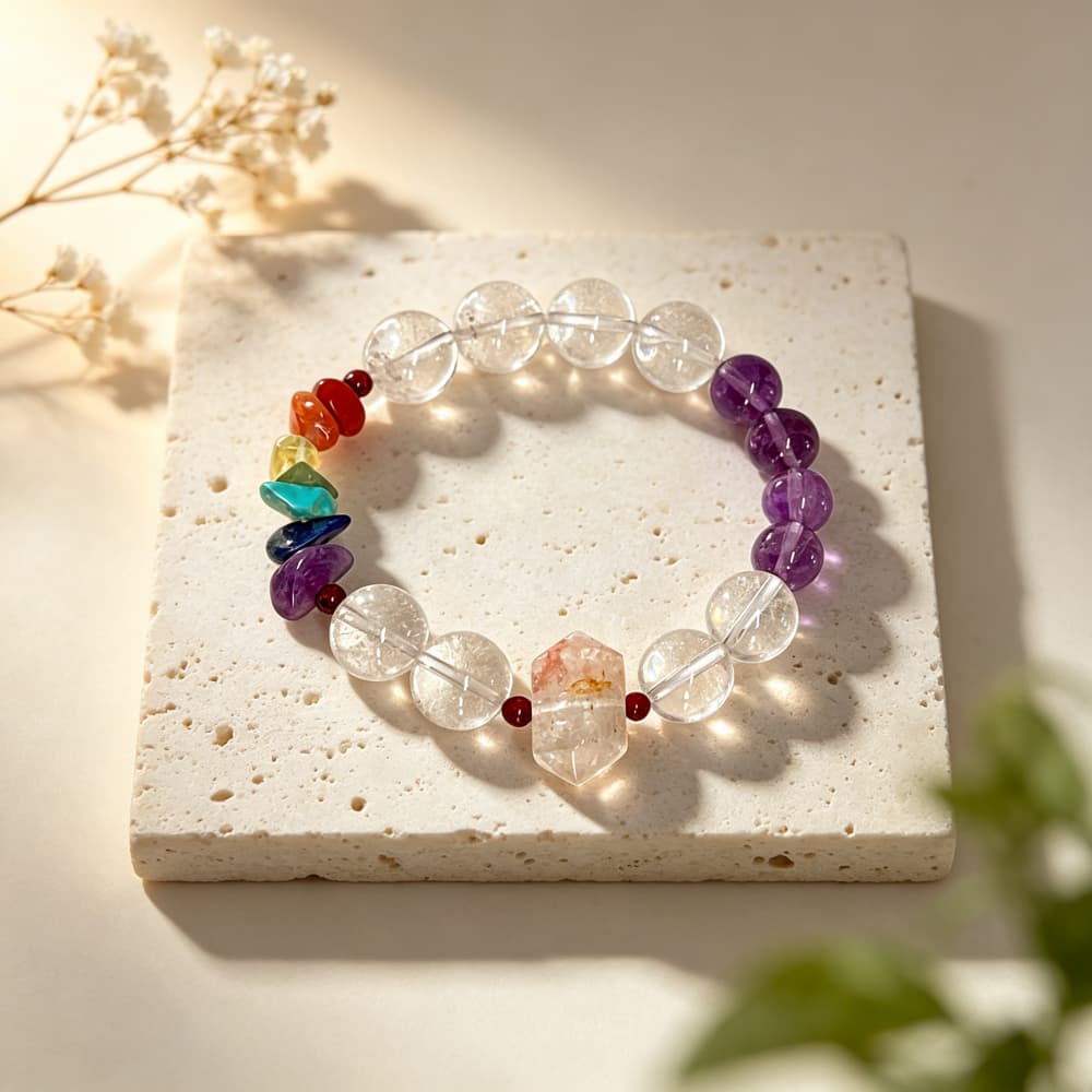 Quiet Radiance｜Natural Clear Quartz & Amethyst 7 Chakra Jewelry Set