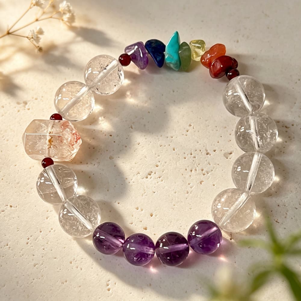 Quiet Radiance｜Natural Clear Quartz & Amethyst 7 Chakra Jewelry Set