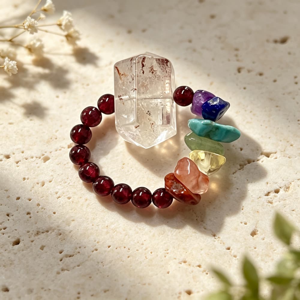 Celestial Balance｜Natural Red Phantom Quartz Garnet & 7 Chakra