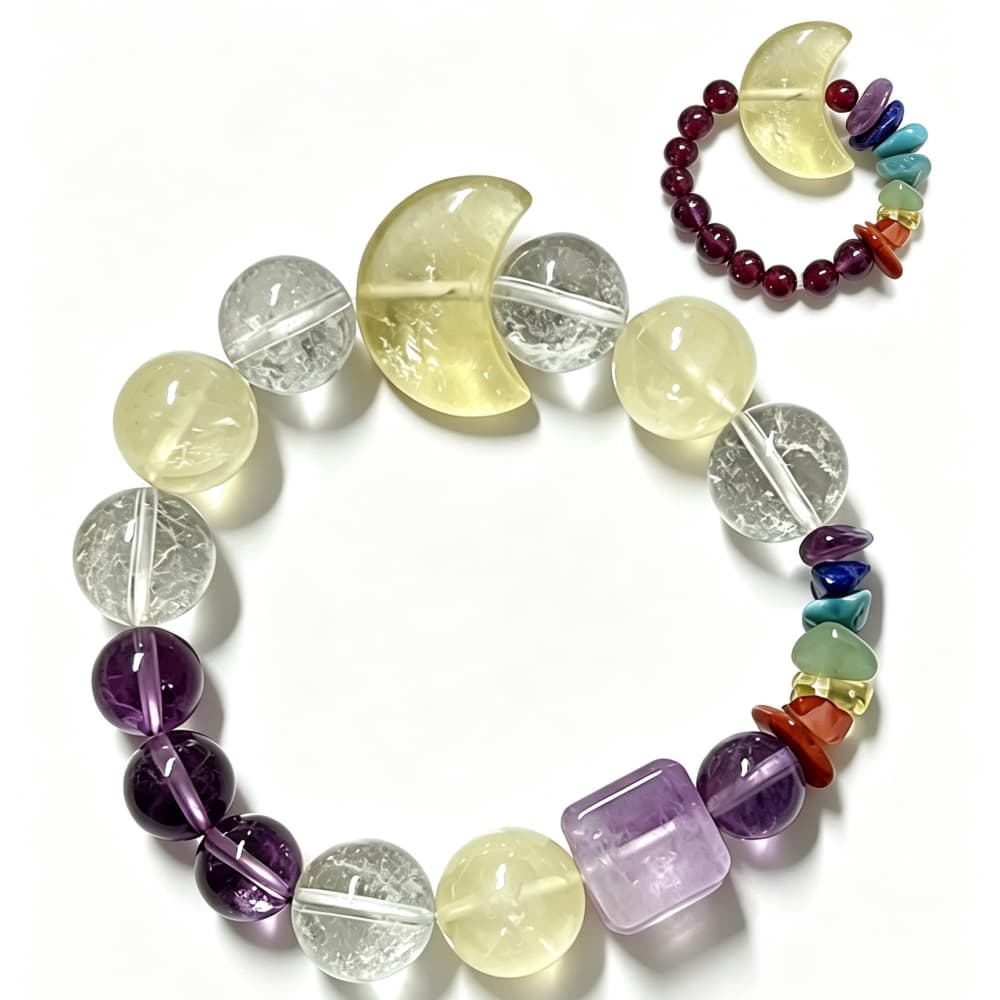 Golden Moonlight｜Natural Citrine Moon Bracelet and Garnet Ring Set