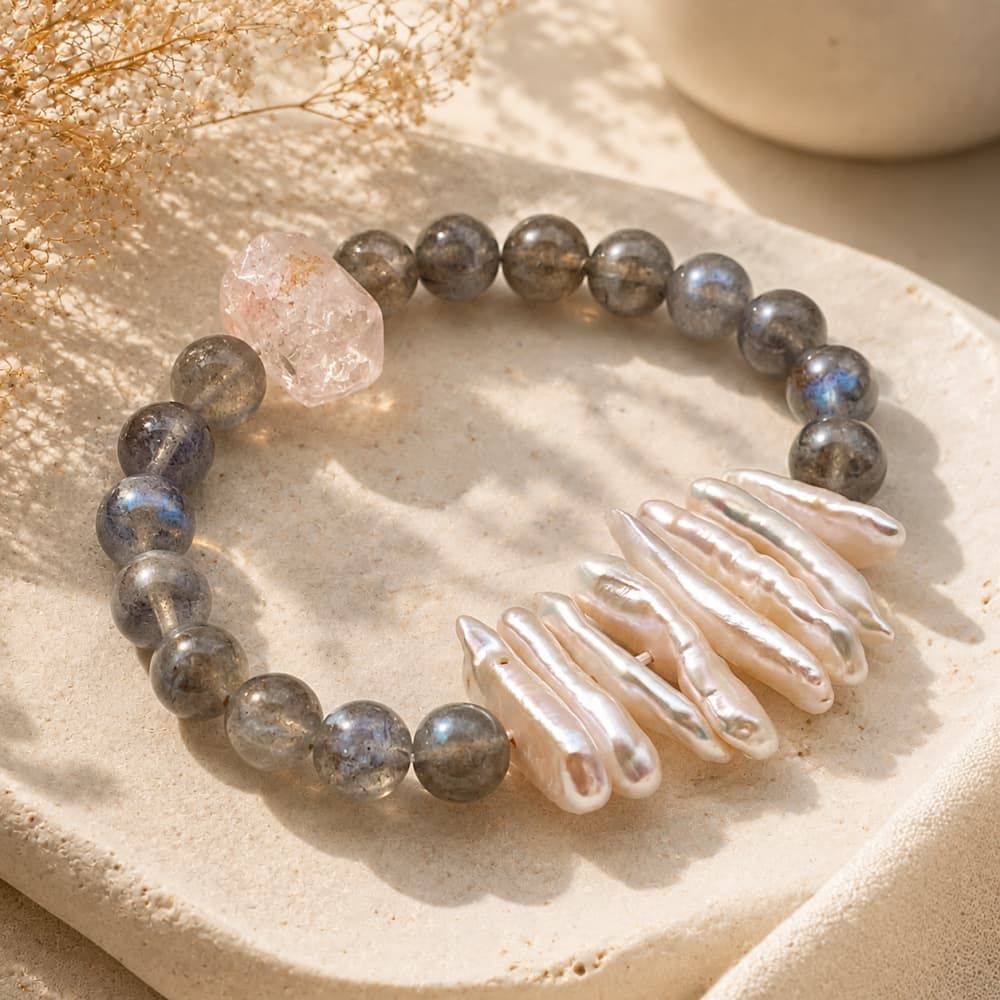 Natural Red Phantom Quartz & Moonstone Bracelet｜Mindful Jewelry