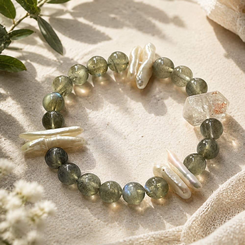 Natural Red Phantom Quartz & Moonstone Bracelet｜Mindful Jewelry