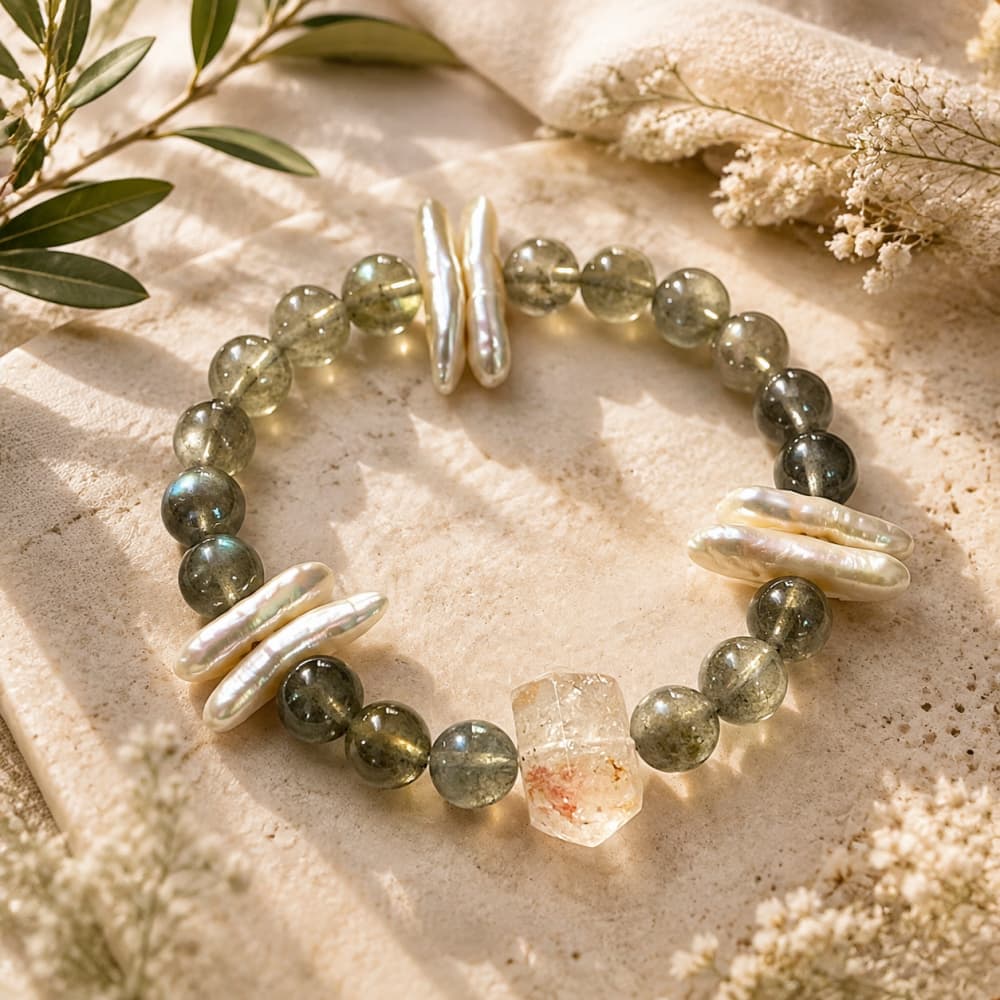 Natural Red Phantom Quartz & Moonstone Bracelet｜Mindful Jewelry