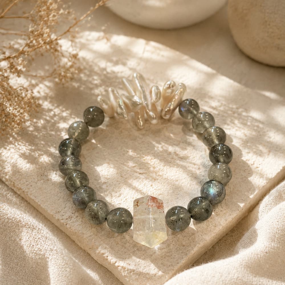 Natural Red Phantom Quartz & Moonstone Bracelet｜Mindful Jewelry