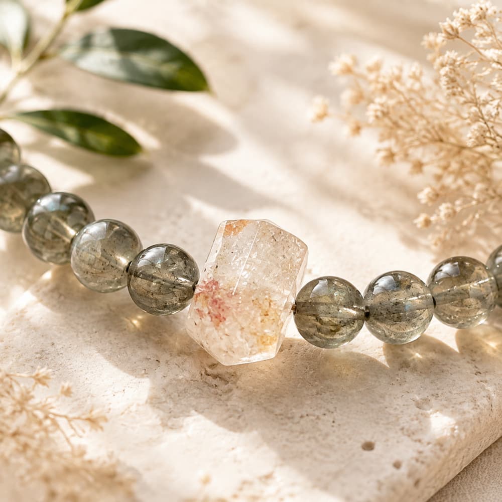 Natural Red Phantom Quartz & Moonstone Bracelet｜Mindful Jewelry