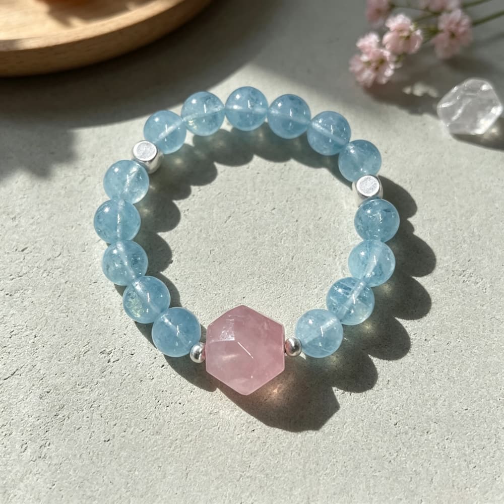 Soft Horizon｜Natural Aquamarine & Rose Quartz Bracelet