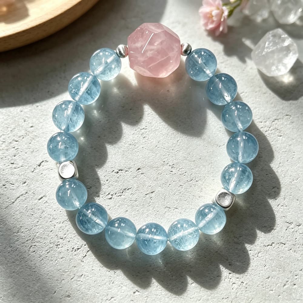 Soft Horizon｜Natural Aquamarine & Rose Quartz Bracelet