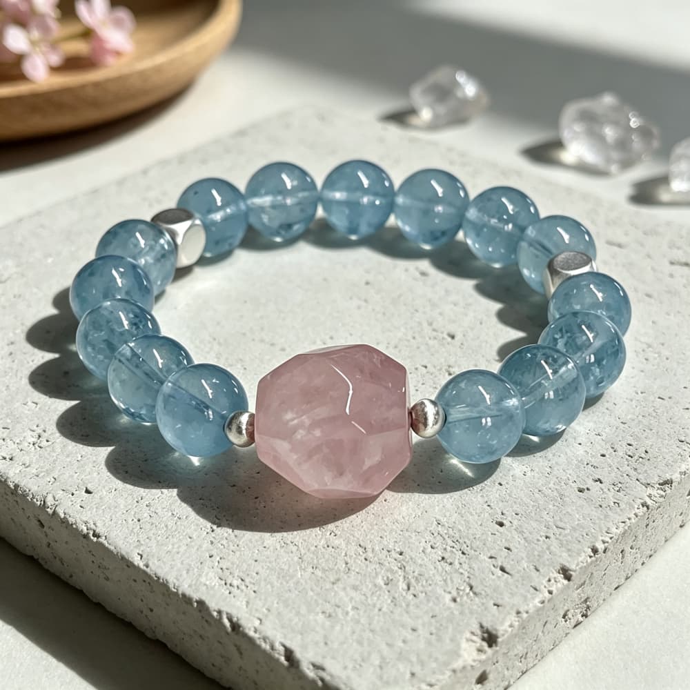 Soft Horizon｜Natural Aquamarine & Rose Quartz Bracelet