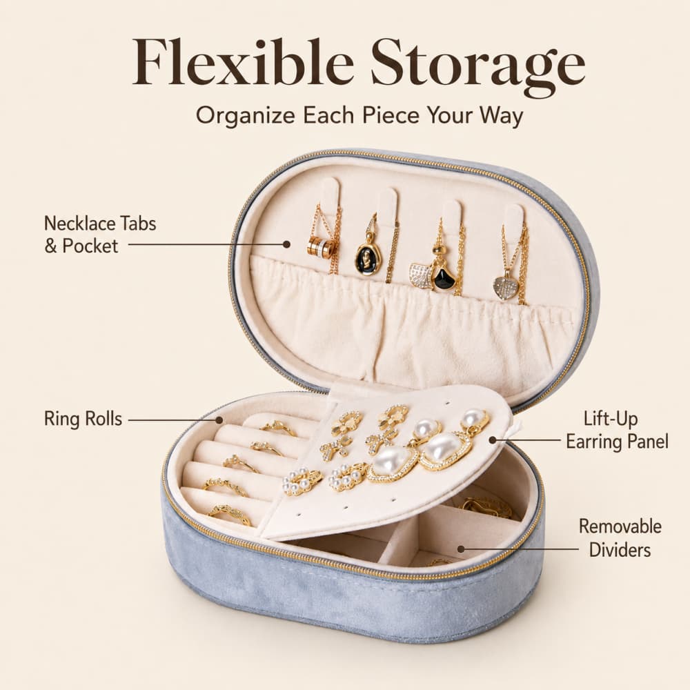 Oval Velvet Jewelry Organizer Case｜Necklace, Ring & Earring Storage