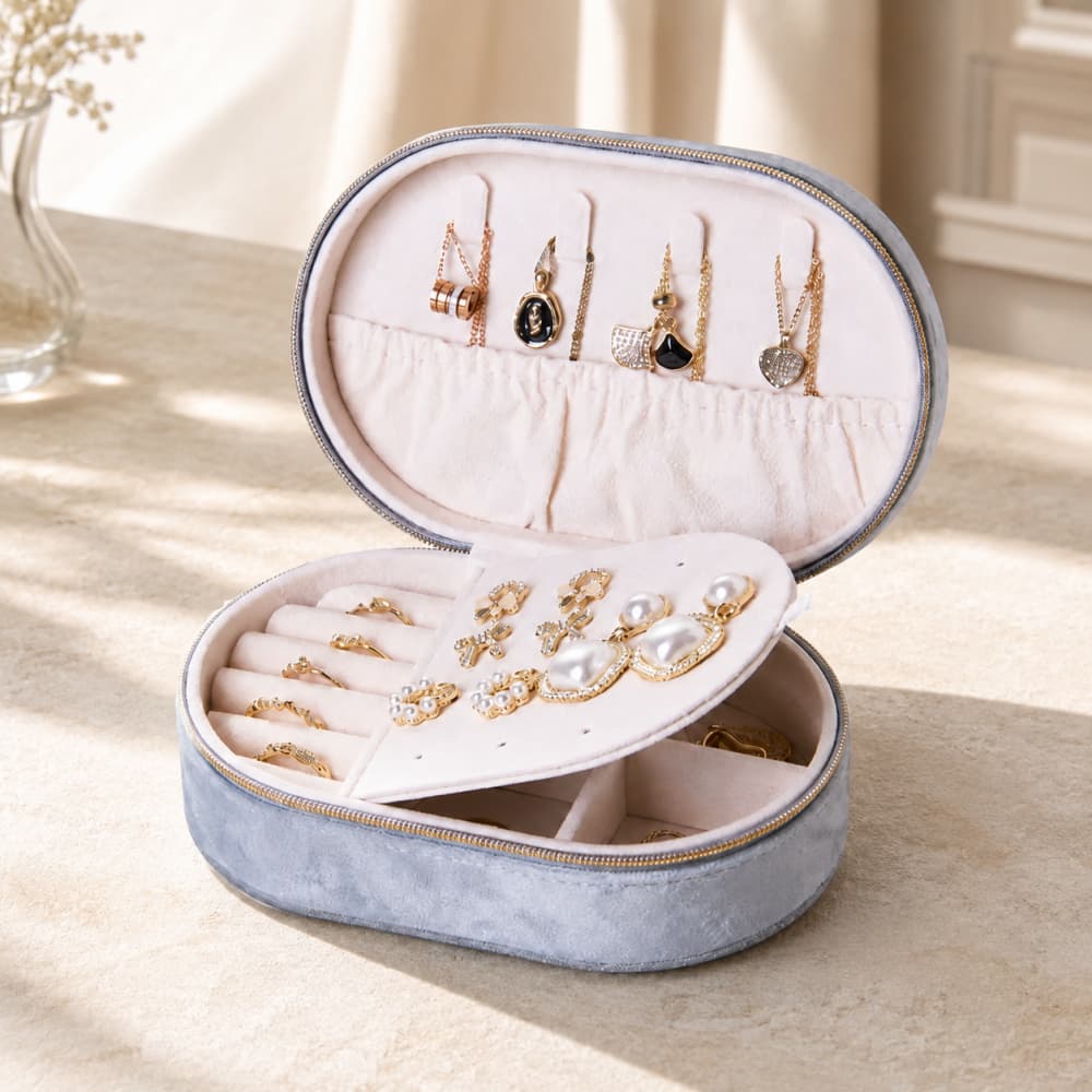 Oval Velvet Jewelry Organizer Case｜Necklace, Ring & Earring Storage