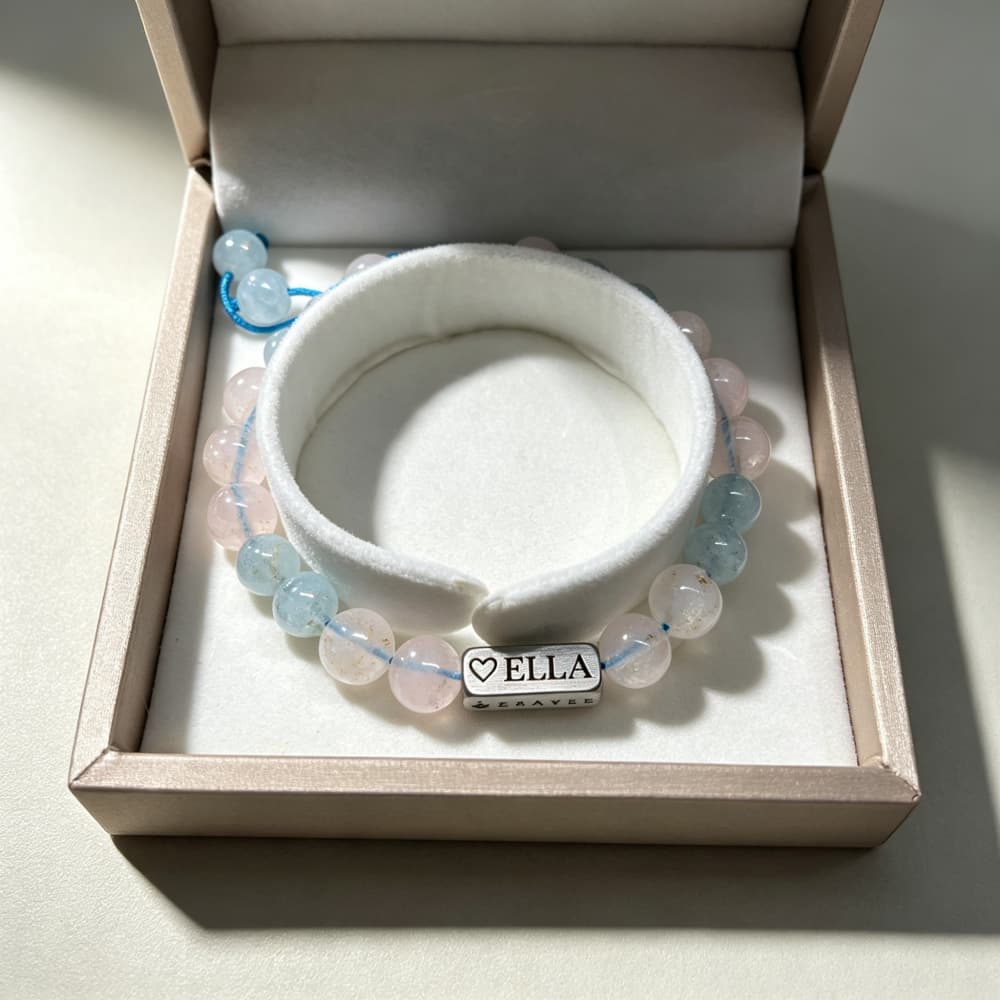 Personalized 4-Sided Name Bracelet – Rose Quartz & Aquamarine Gift for Her