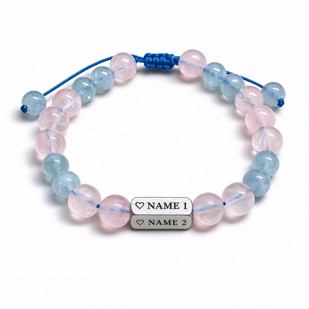 Personalized 4-Sided Name Bracelet – Rose Quartz & Aquamarine Gift for Her