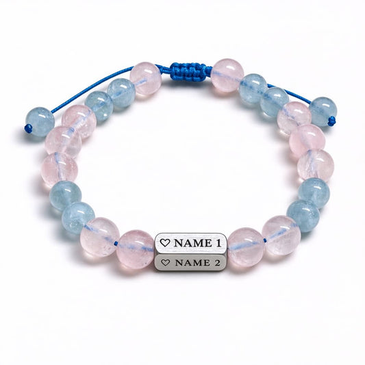Personalized 4-Sided Name Bracelet – Rose Quartz & Aquamarine Gift for Her