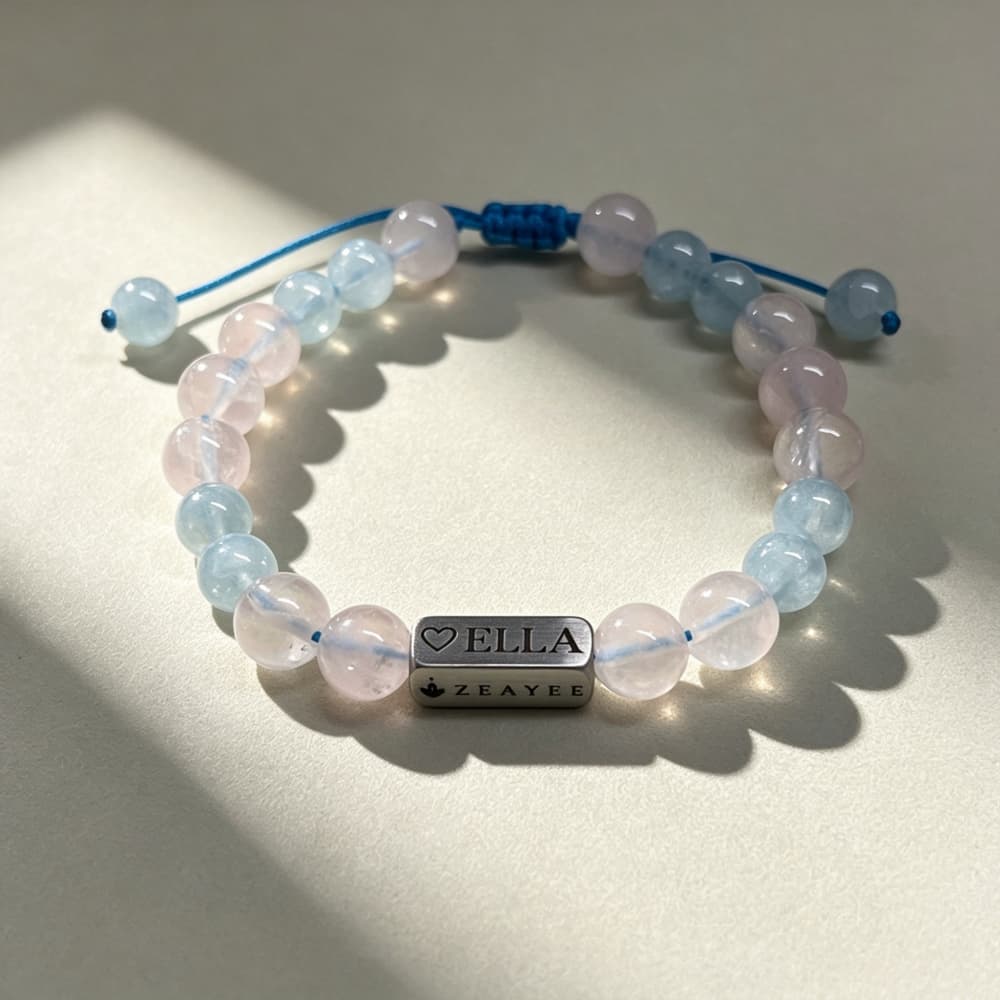 Personalized 4-Sided Name Bracelet – Rose Quartz & Aquamarine Gift for Her