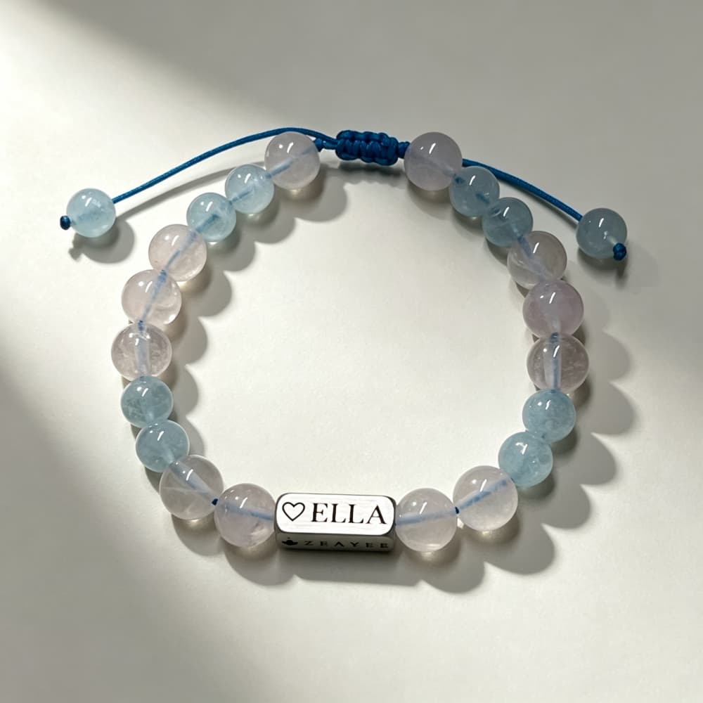 Personalized 4-Sided Name Bracelet – Rose Quartz & Aquamarine Gift for Her