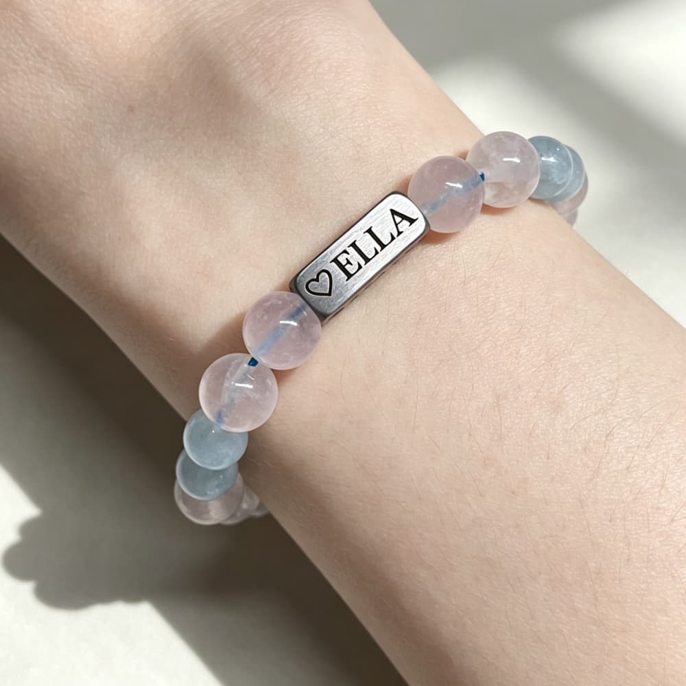 Personalized 4-Sided Name Bracelet – Rose Quartz & Aquamarine Gift for Her