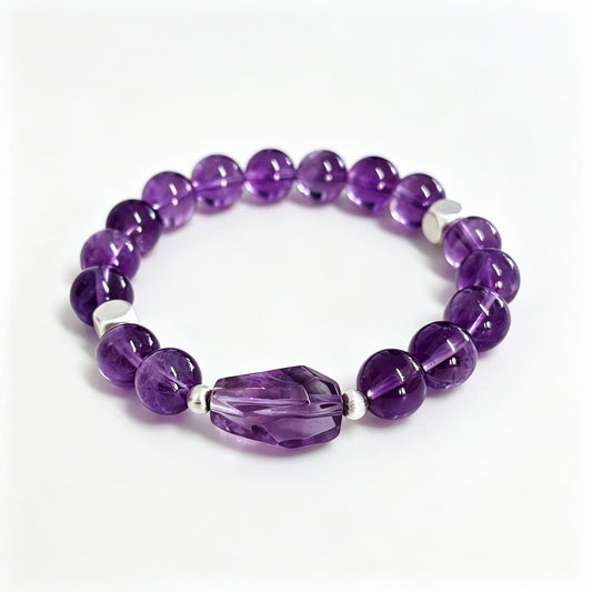 Quiet Confidence｜Natural Amethyst Bracelet with Faceted Centerpiece & 925 Sterling Silver