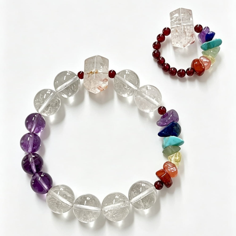 Quiet Radiance｜Natural Clear Quartz & Amethyst 7 Chakra Jewelry Set